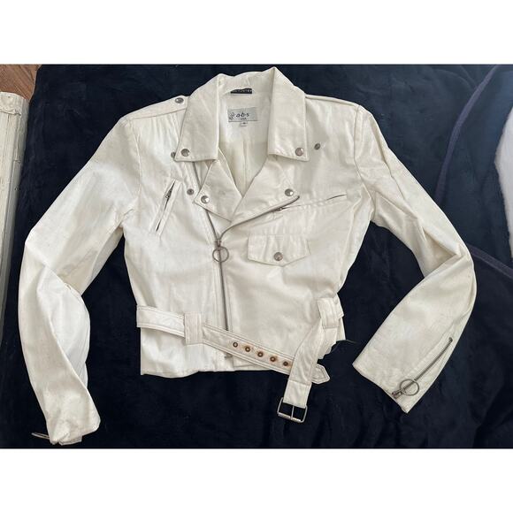 VINTAGE 90s ABS WHITE POLYURETHANE MOTO BIKER JACKET S - Picture 6 of 13